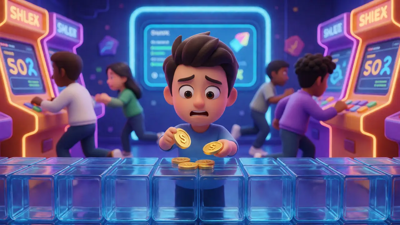Animated trader struggling to swap coins in a chaotic arcade setting