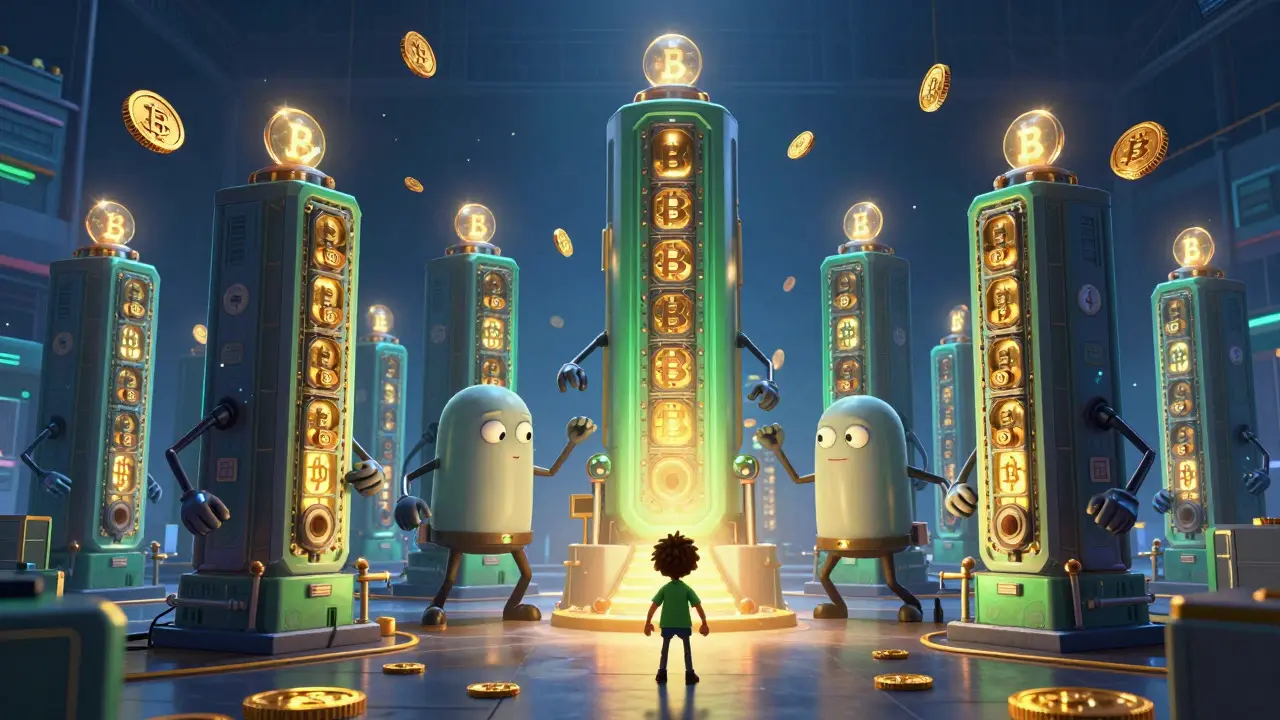 Anthropomorphic mining rigs working in a large, colorful industrial hall