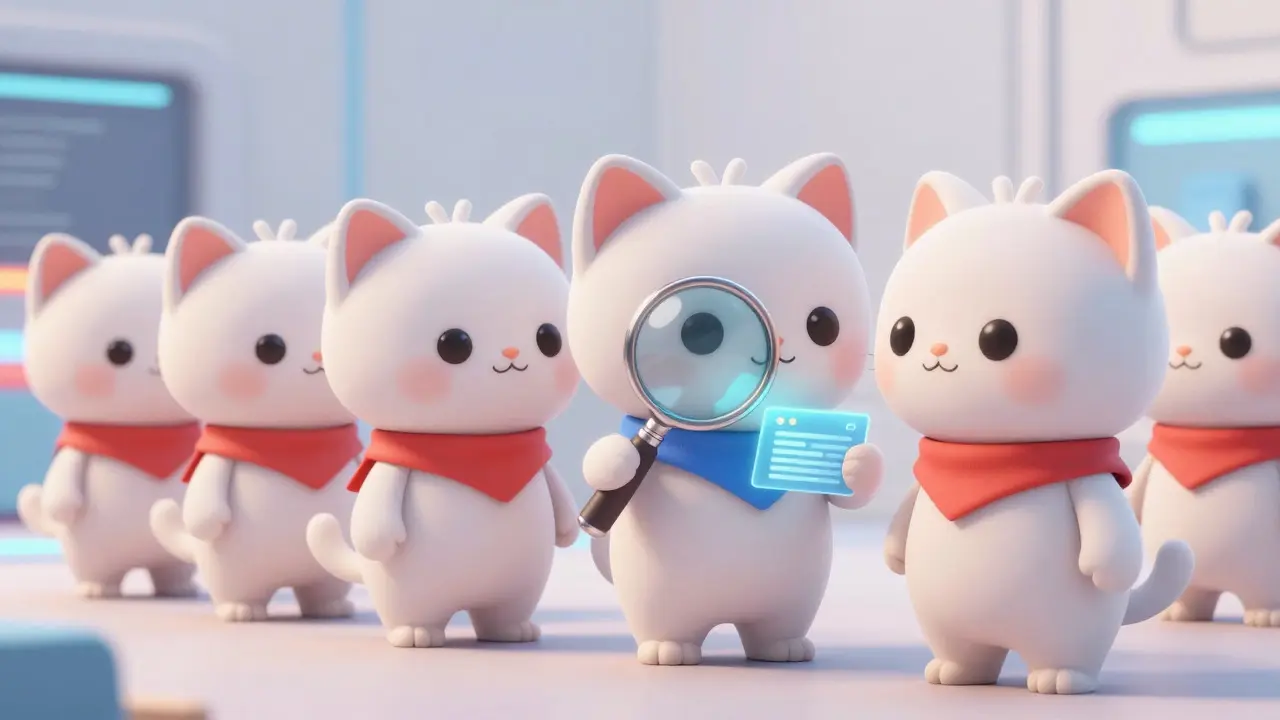 Cartoon baby cats using a magnifying glass to verify a digital contract in a futuristic hall.