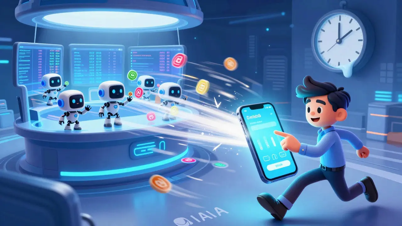 Cartoon depiction of fast token trading with light streams and a futuristic exchange