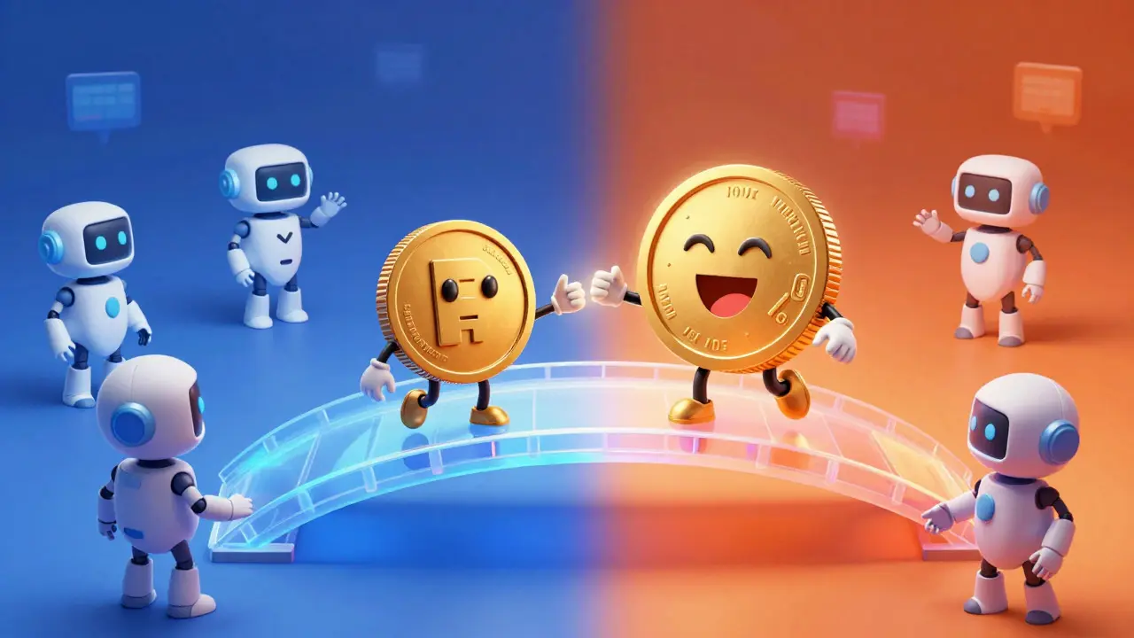 Cartoon depiction of swapping between growth and stability tokens across a magical bridge