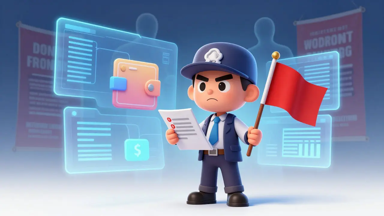 Cartoon detective checking blockchain data with a red flag