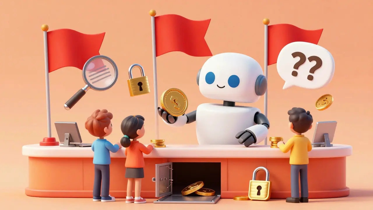 Cartoon robot at counter with hidden trapdoor and floating red flag icons