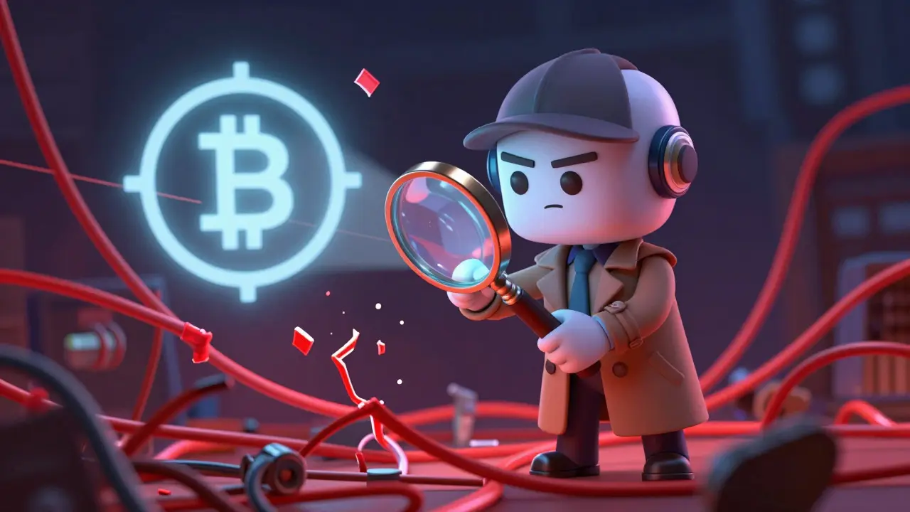 Character investigating tangled data streams with a magnifying glass