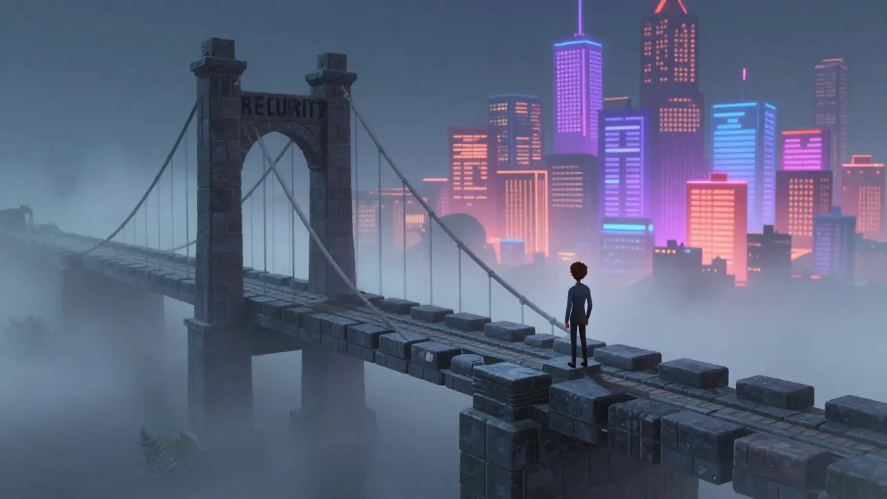 Character standing on a misty bridge looking toward a vibrant city of financial opportunities