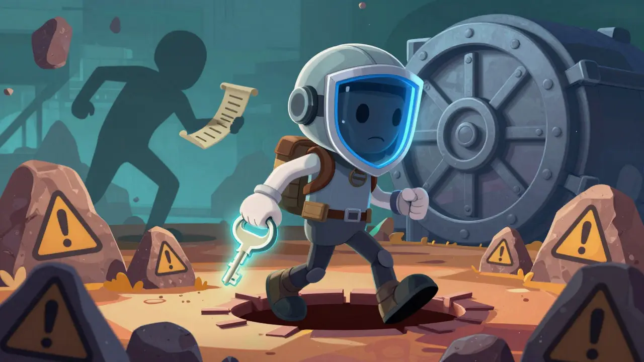 Character using a protective shield and safe key to navigate crypto risks