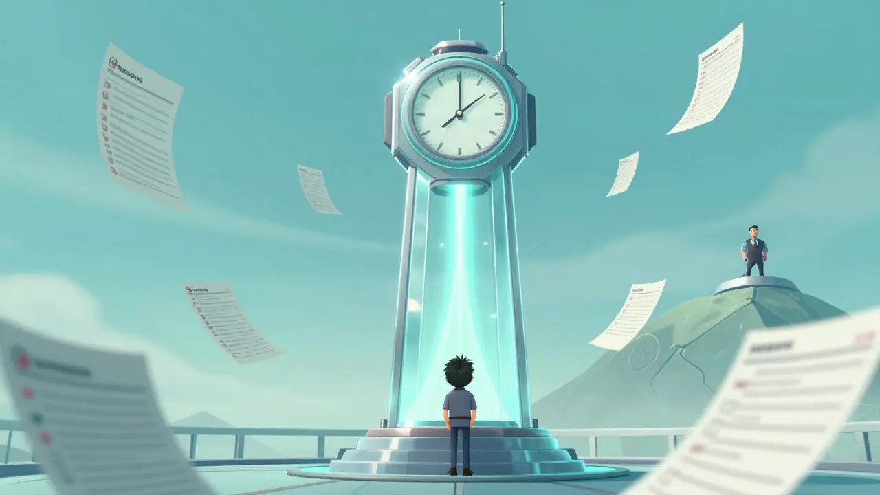 Character waiting at a glowing clock tower representing a cooling-off period
