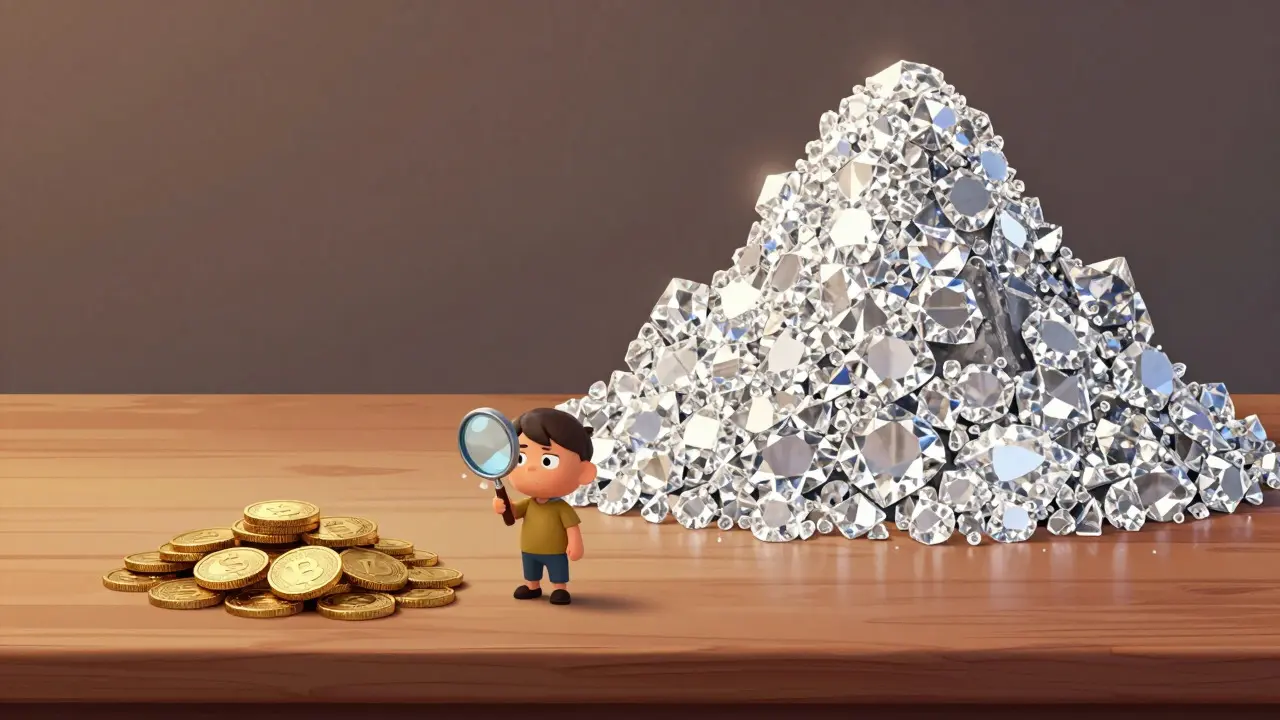 Comparison of a small coin pile versus a massive gem mountain in Pixar style