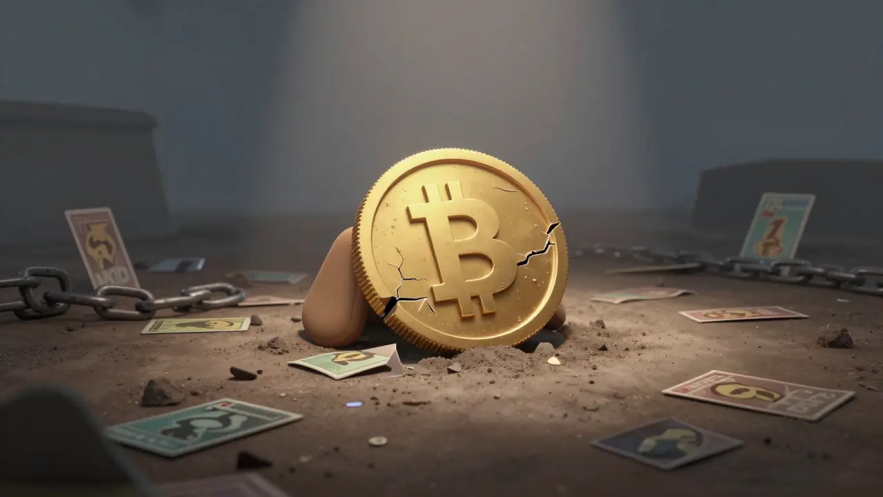 Cracked puppy coin lying in a dusty, abandoned digital void