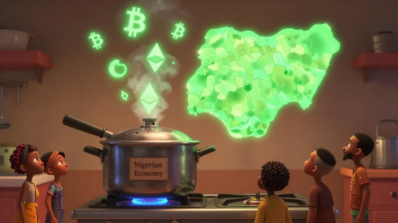 Crypto symbols escaping a pressure cooker representing the Nigerian economy