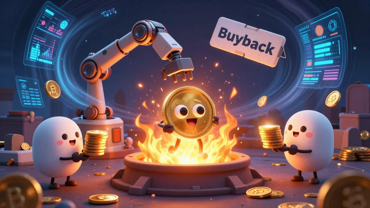 Cute 3D cartoon showing BGG tokens being burned and users receiving rebates in a whimsical scene.
