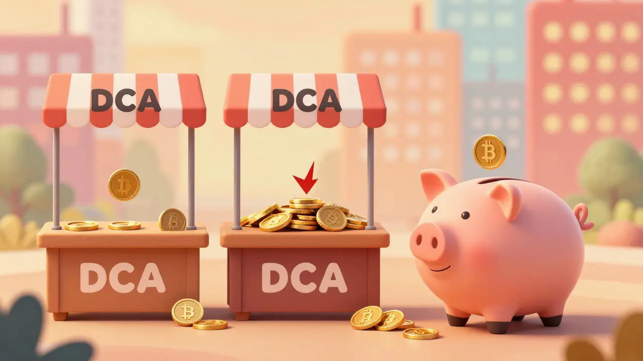 Cute piggy bank character buying crypto coins at varying prices to demonstrate averaging costs
