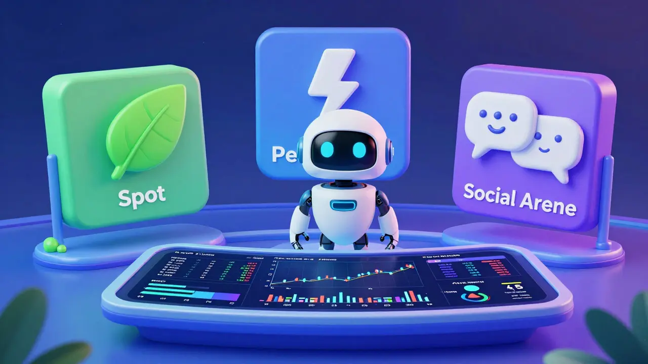 Cute robot at integrated crypto trading hub