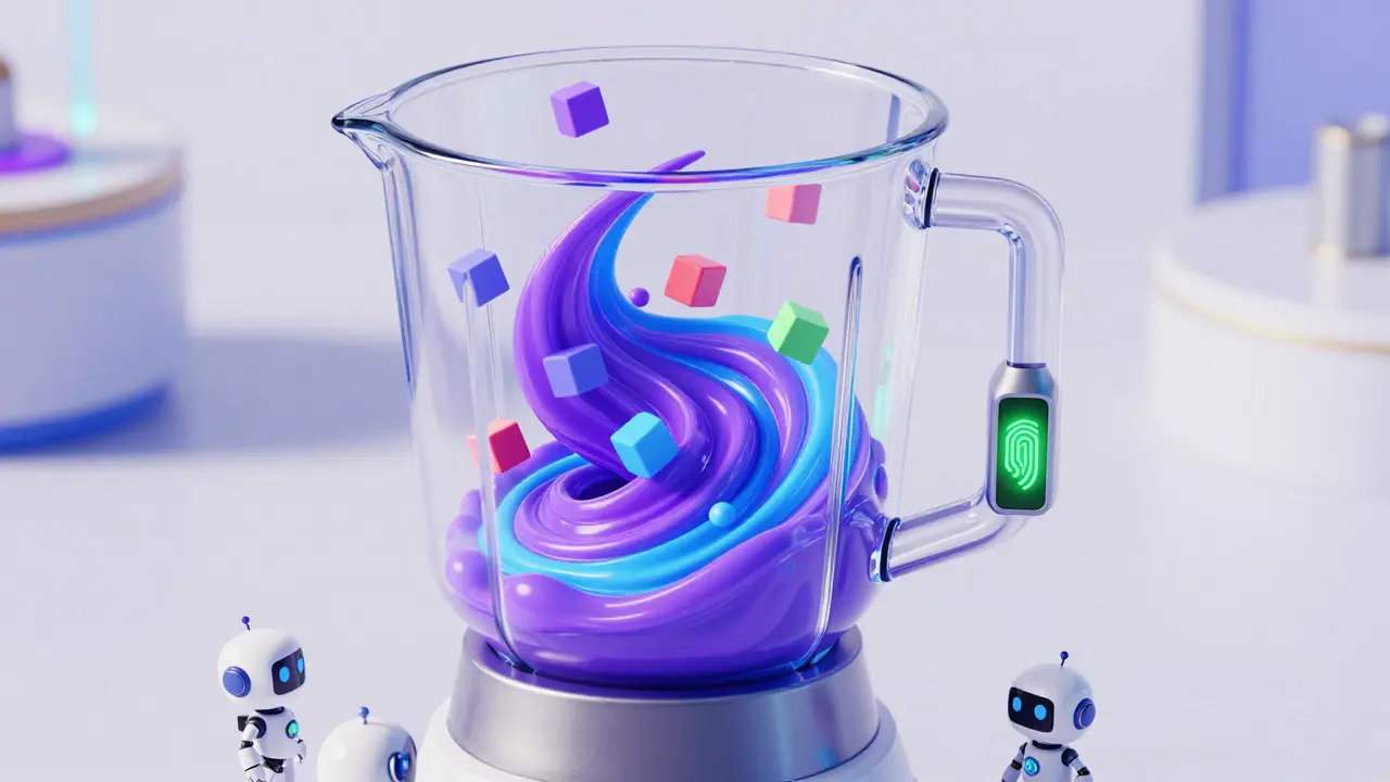 Data blending into a secure hash in a futuristic, cartoon-style blender