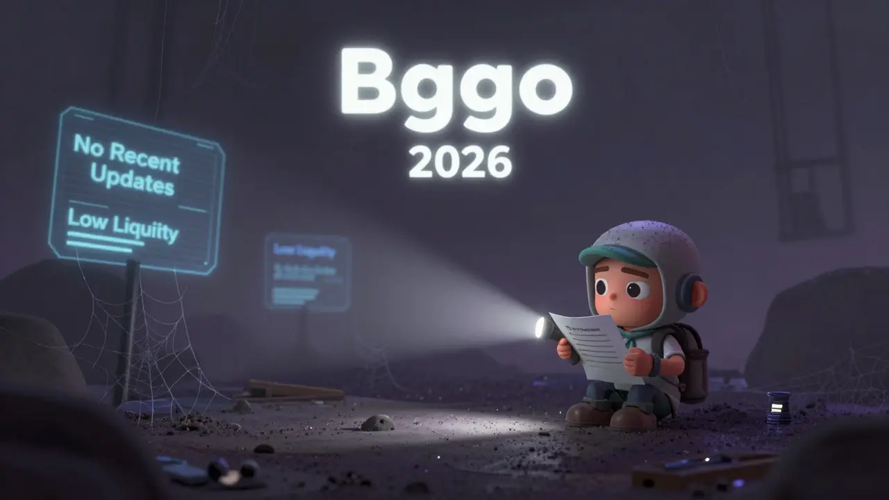 Dim, dusty Pixar-style depiction of an inactive crypto exchange platform in 2026 with a skeptic explorer.