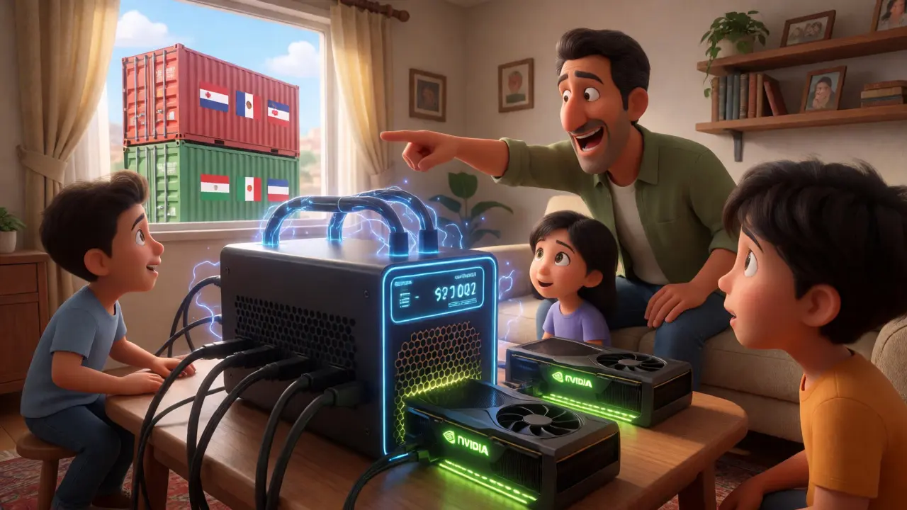 Family gathered around home crypto mining rig with glowing hardware