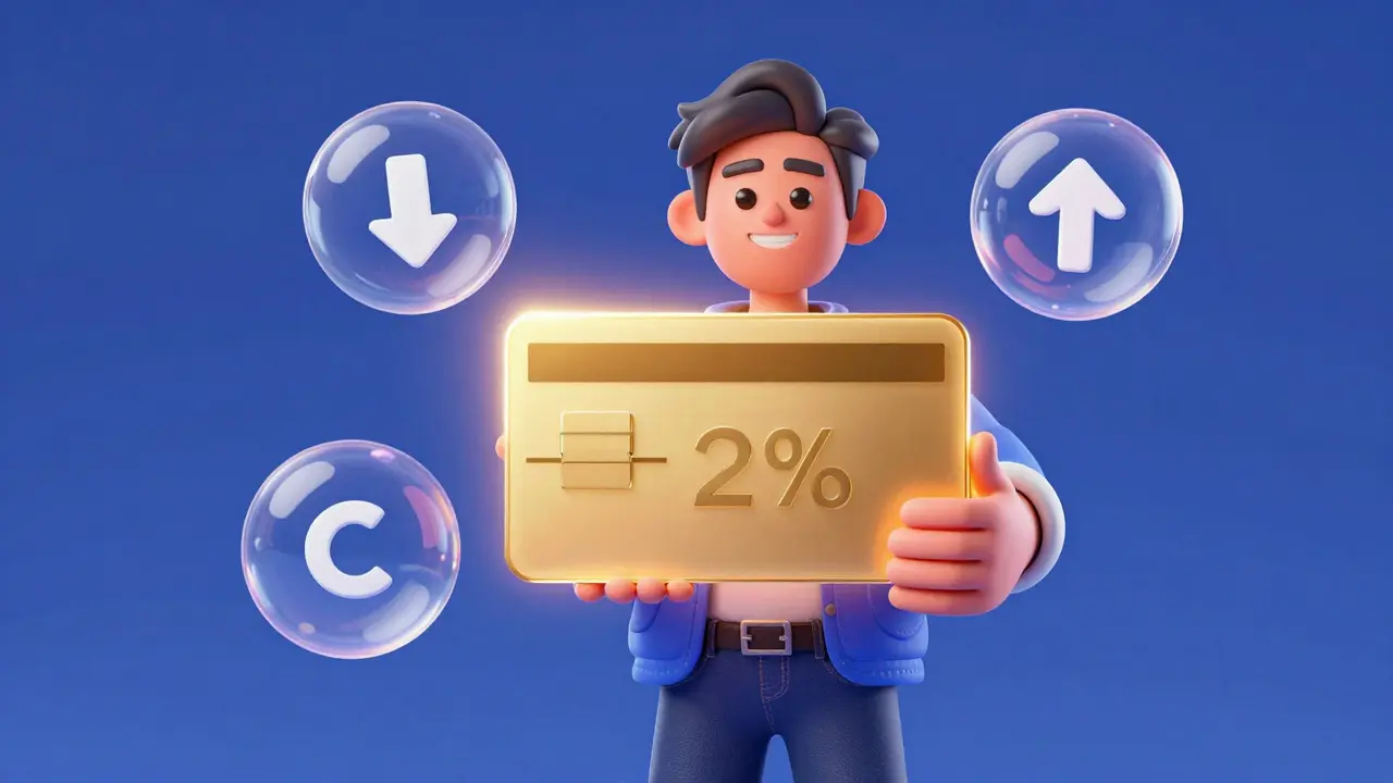 Friendly trader holding a glowing card with floating symbols for discounts and leverage