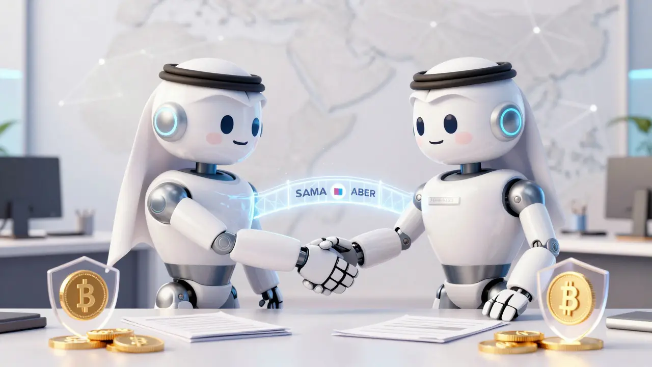 Futuristic robots shaking hands over a digital bridge and secure bond tokens