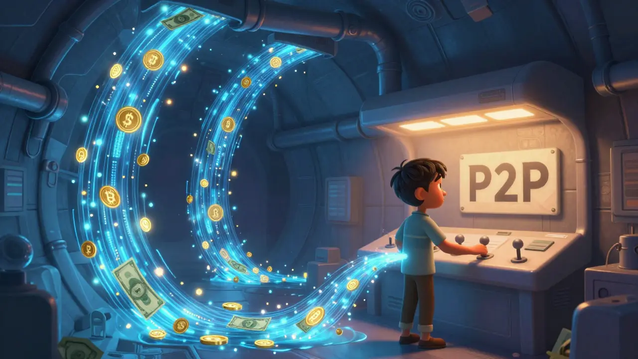 Futuristic tunnel showing digital money flow in Pixar style