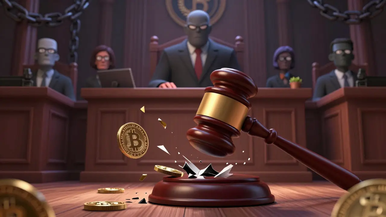Gavel slamming down shattering a crypto coin, symbolizing severe legal penalties.