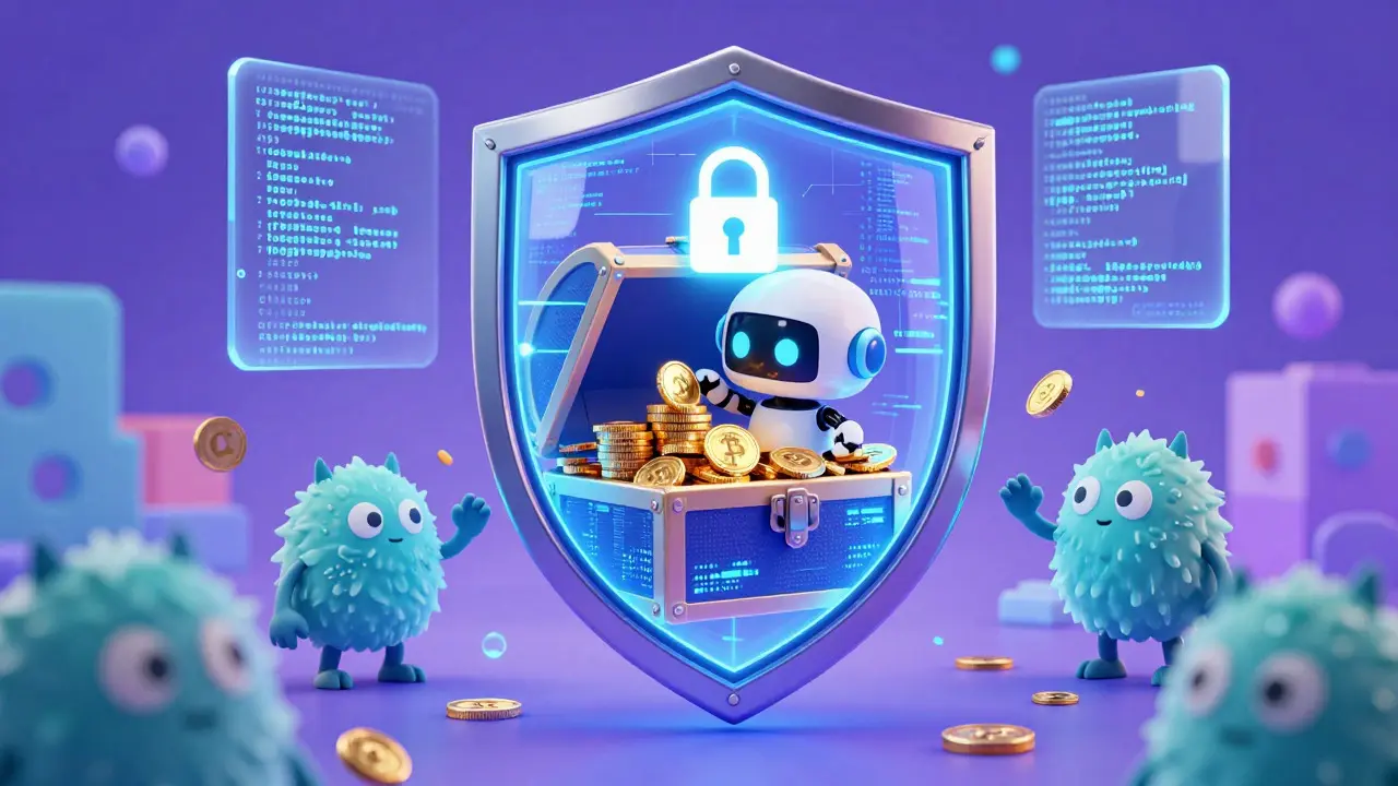 Glowing shield protecting a coin-filled chest from glitchy monsters