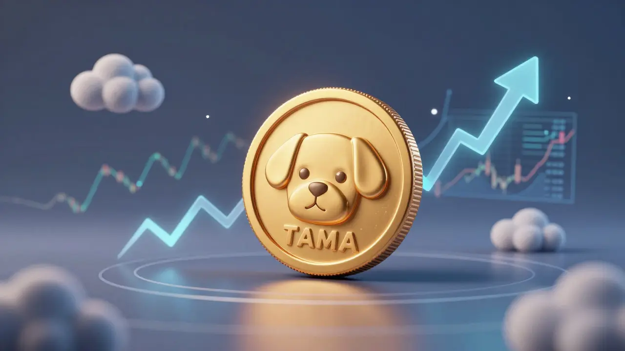 Golden TAMA coin surrounded by abstract symbols of market volatility and risk.