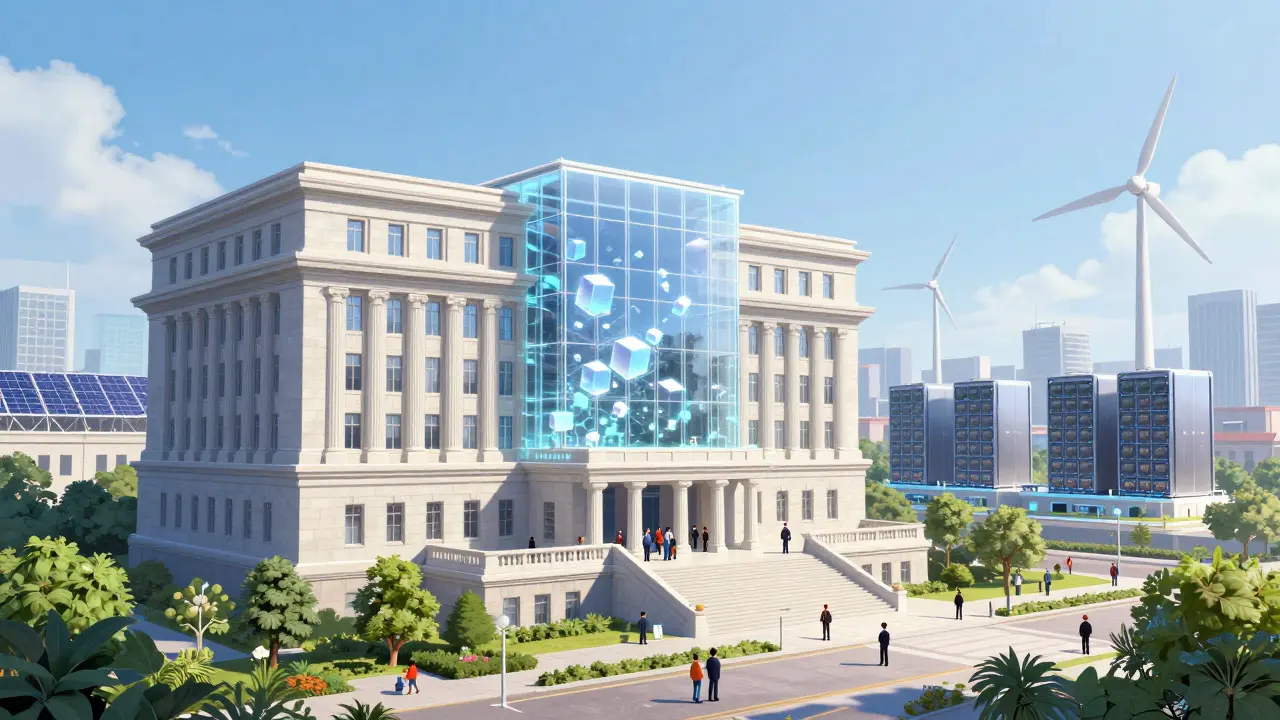 Government building merging with tech and energy sources