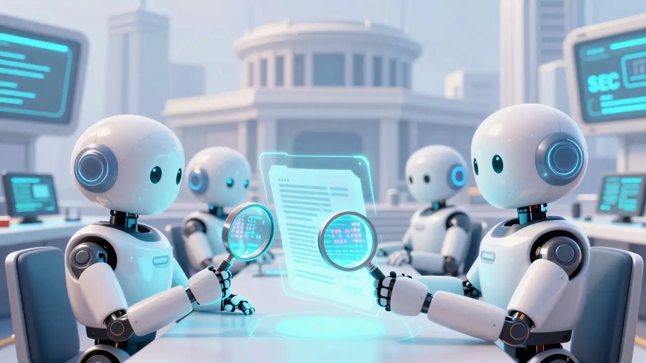 High-tech security system scanning documents for deepfake artifacts and metadata errors.