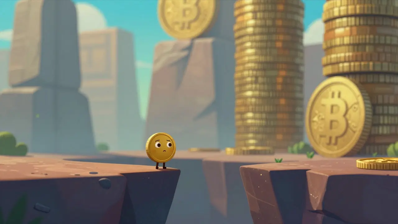 Illustration contrasting a small niche coin on a wobbly path with massive stable giants in the background