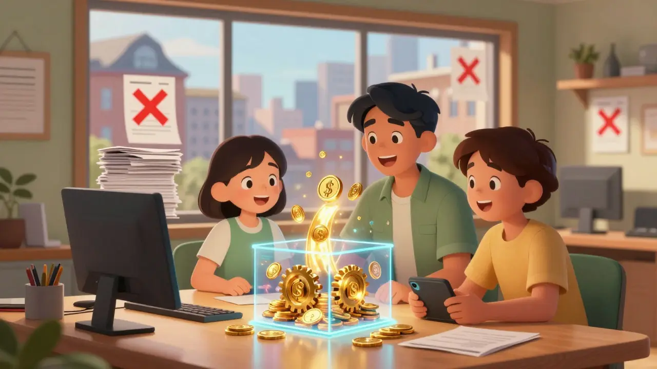 Illustration of a family receiving automatic dividends from a glowing smart contract device