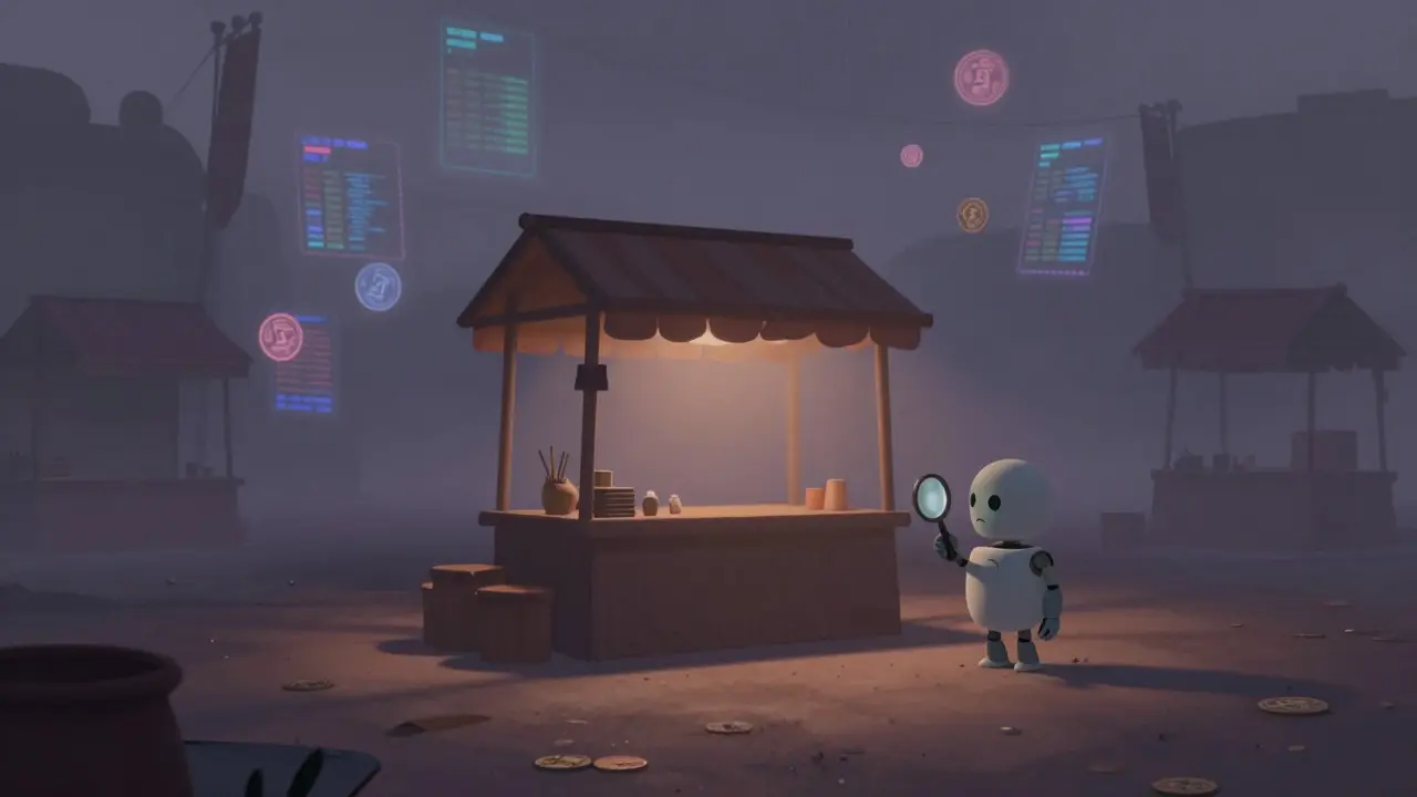 Lonely robot inspecting an empty, foggy marketplace stall