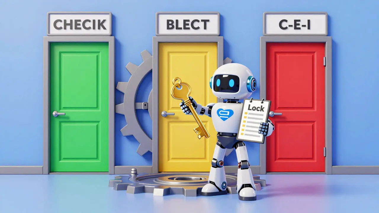 Robot guard locking a door in a colorful gear mechanism representing C-E-I pattern
