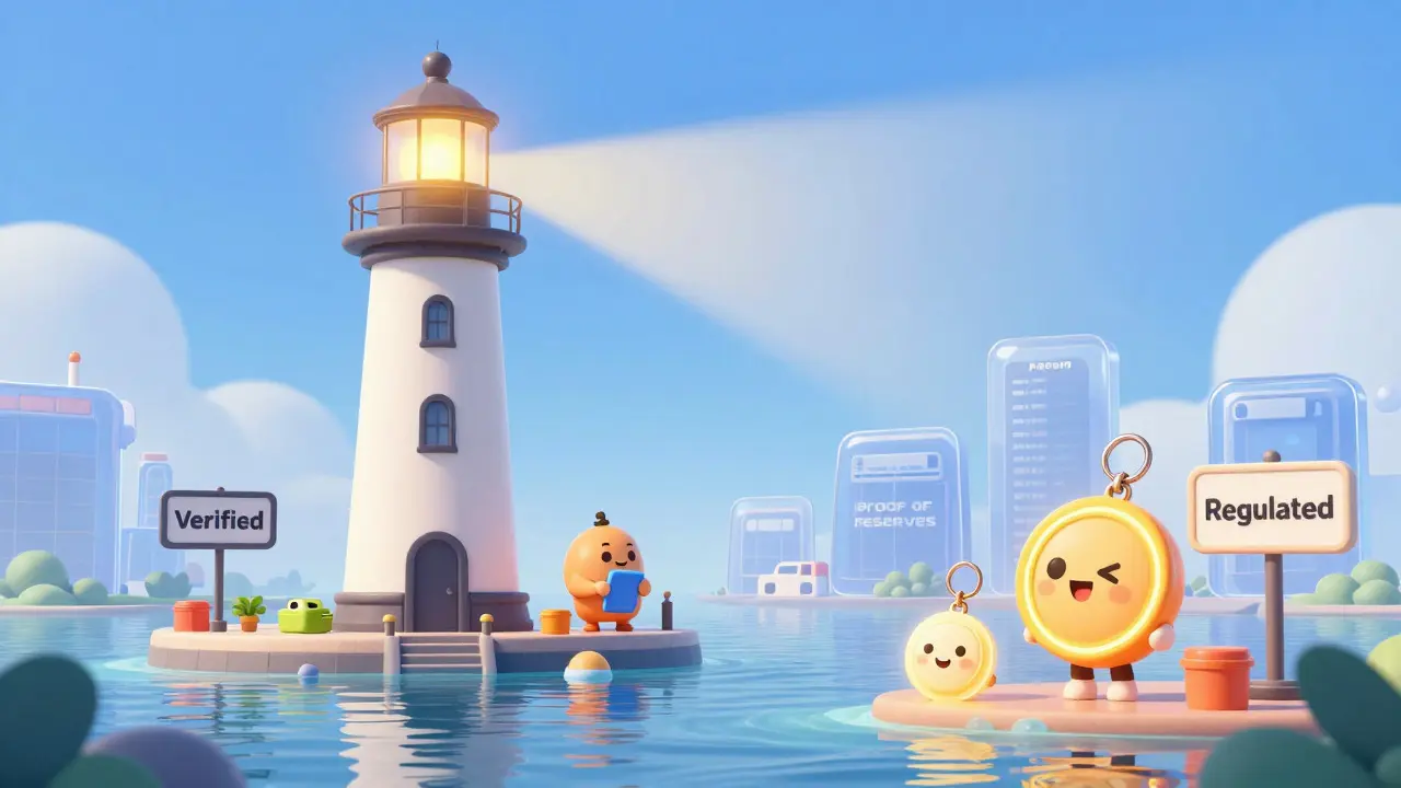 Safe harbor with lighthouse, users holding hardware wallets, verified signs