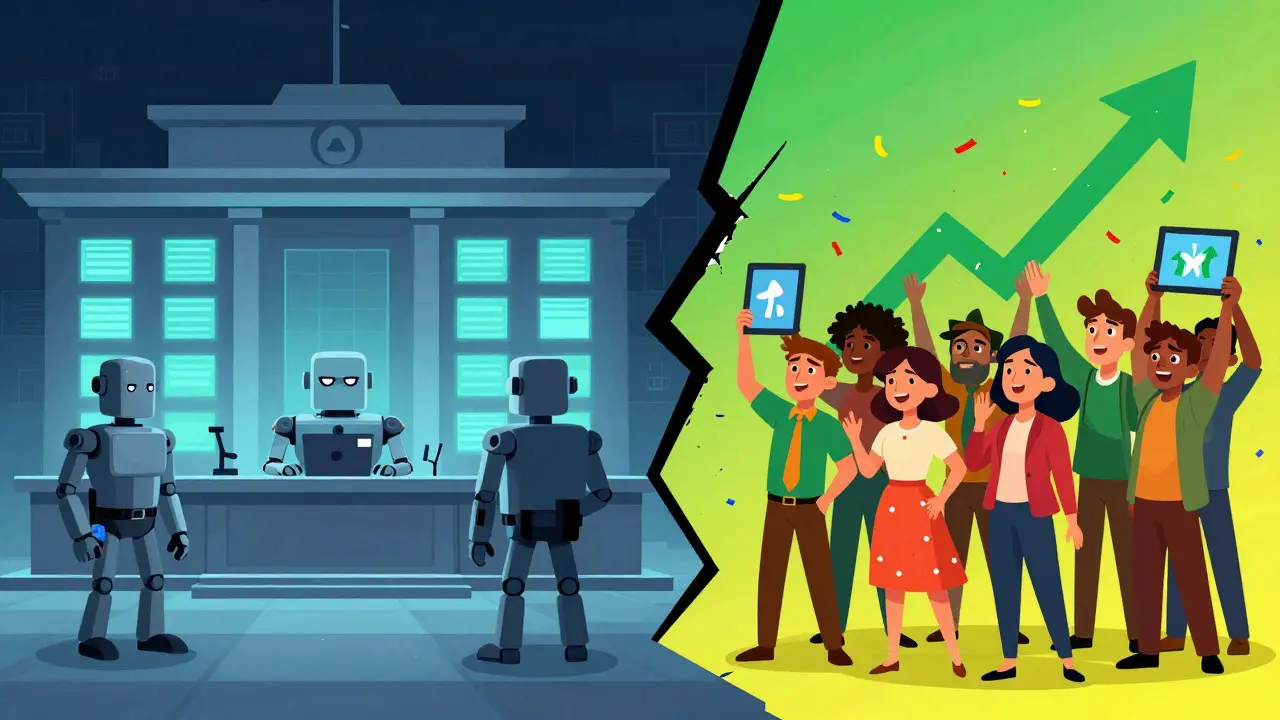 Split view of strict regulators vs. happy investors in a Pixar illustration