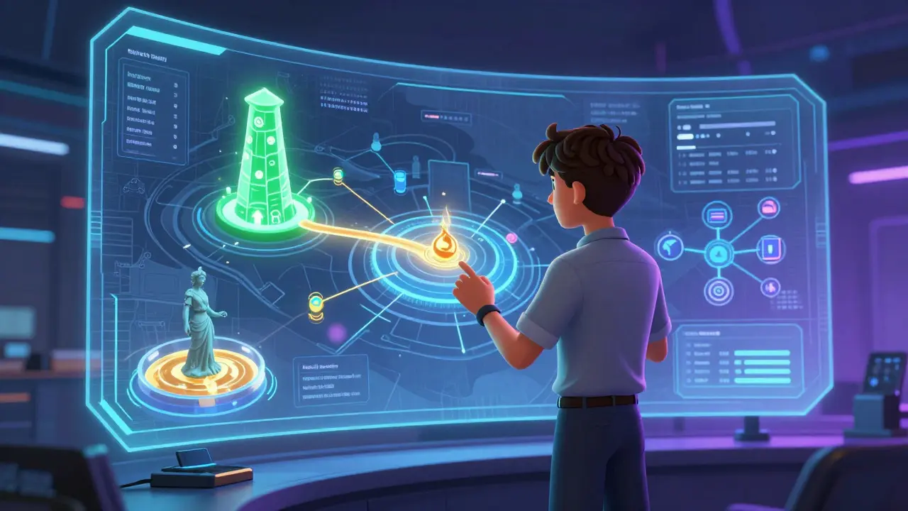 Strategist interacting with a holographic interface showing game-based DeFi tools.