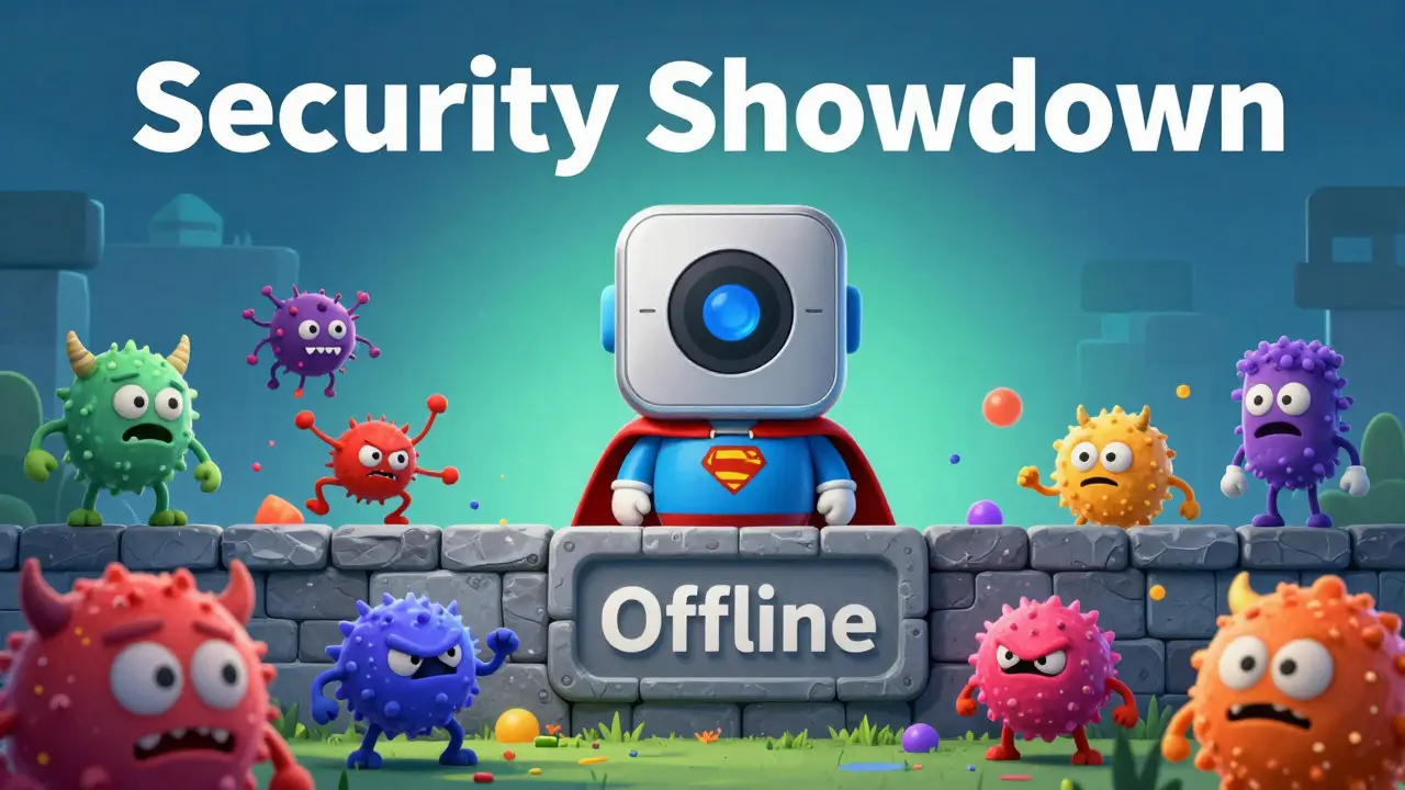 Superhero cold wallet blocking malware monsters behind a secure offline wall