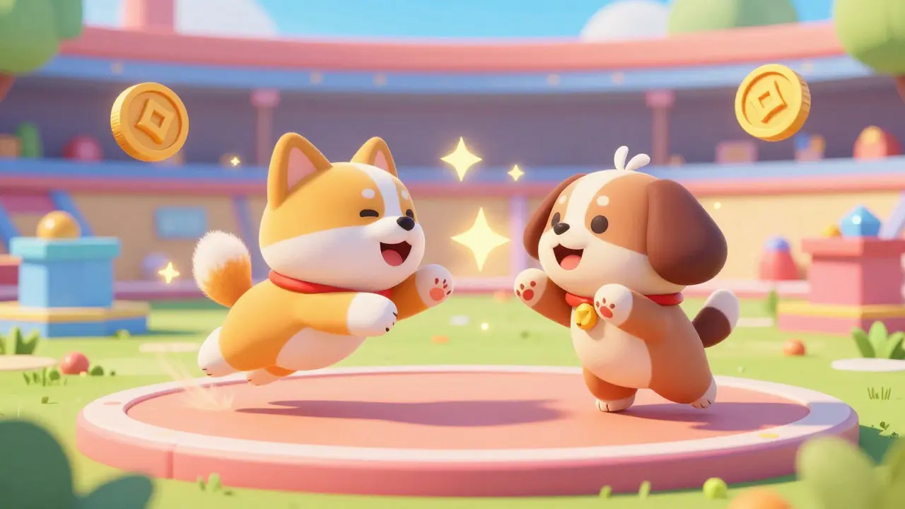 Two cartoon dog avatars battling in a colorful, sparkly virtual game stadium.