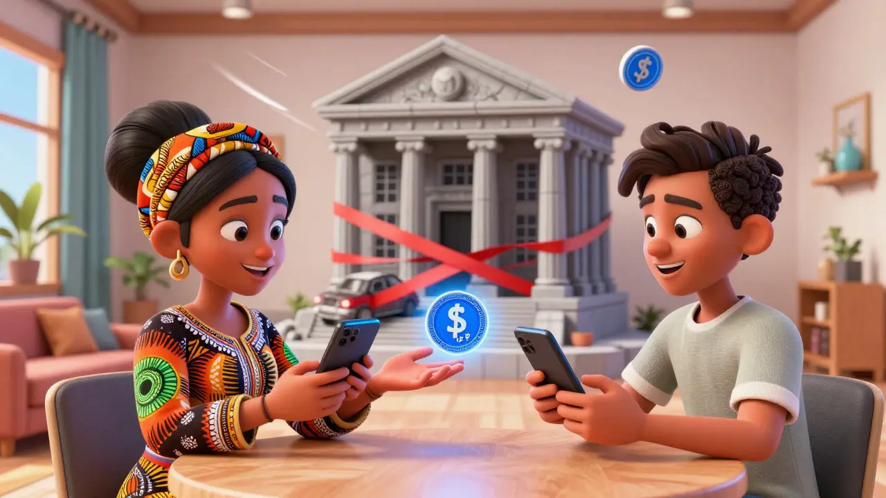 Two people exchanging crypto via phones, bypassing a slow bank building