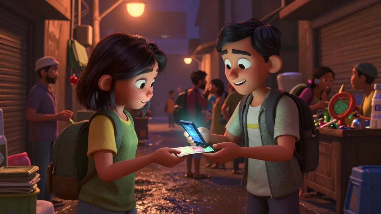 Two people trading crypto for cash in a dark alleyway in a cartoon style