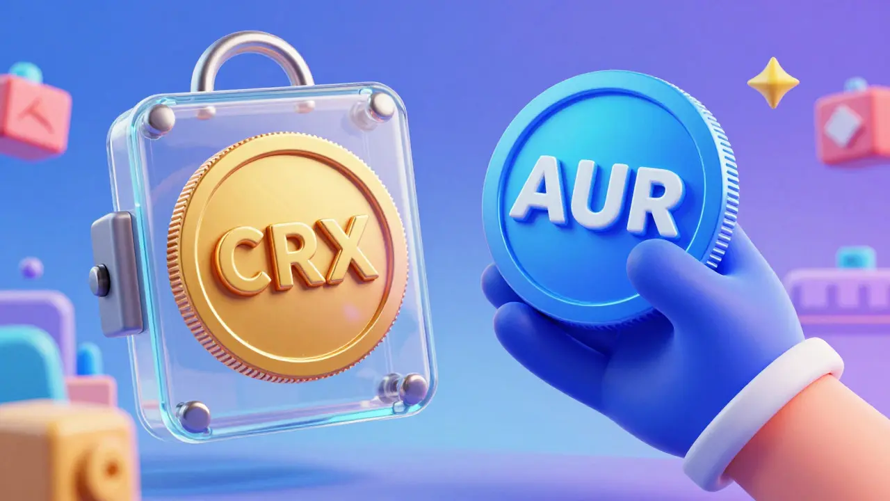 Two stylized coins representing governance and reward tokens in a magical void.