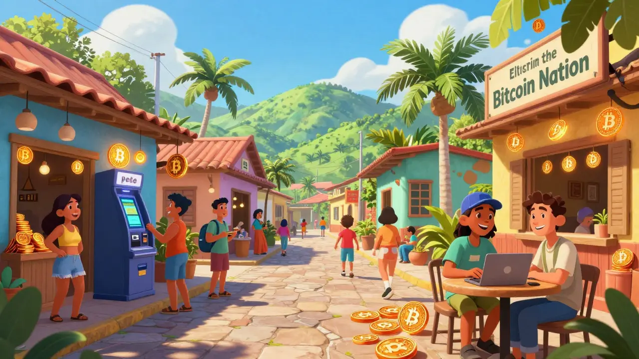 Vibrant street scene in El Salvador showing Bitcoin adoption