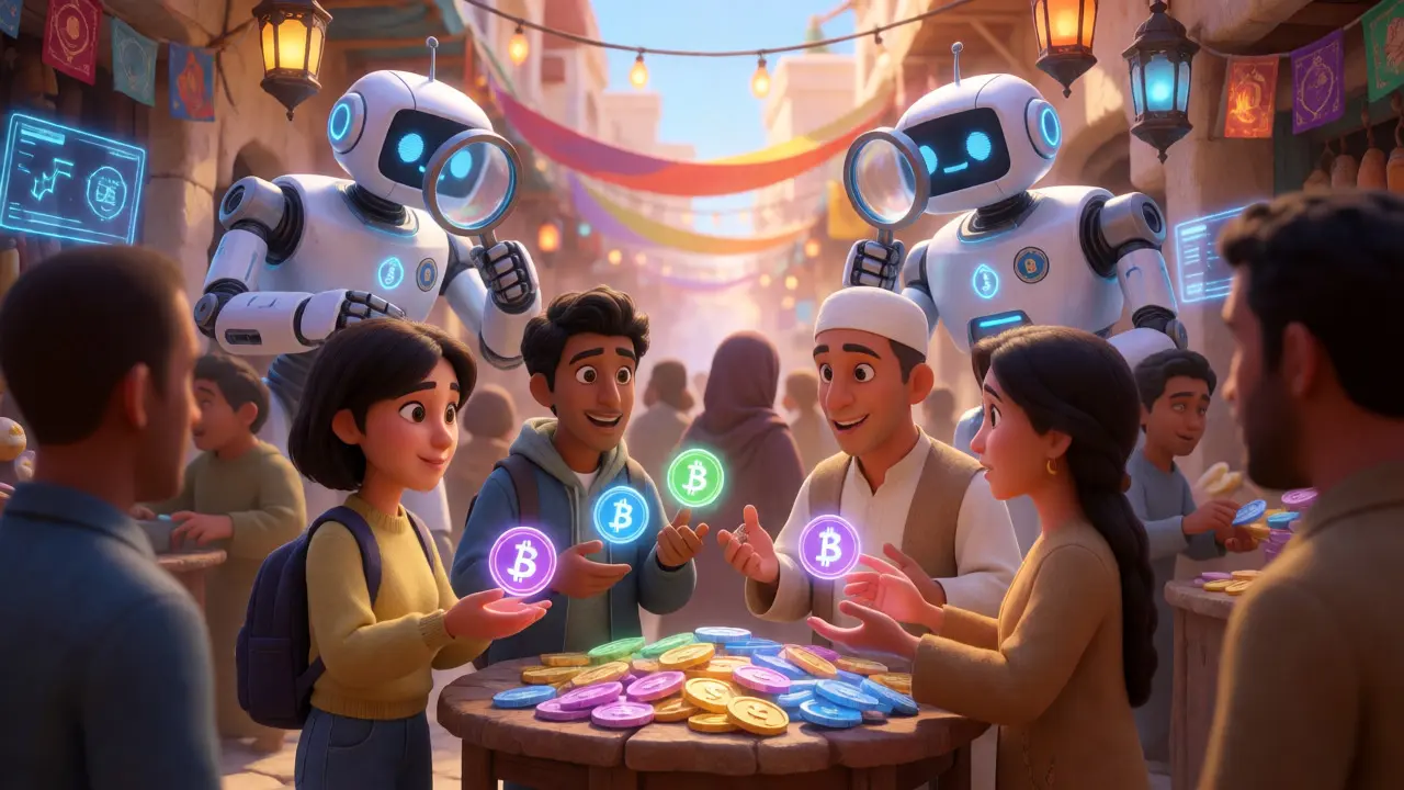 Virtual Aleppo souk with people trading crypto orbs and friendly inspectors