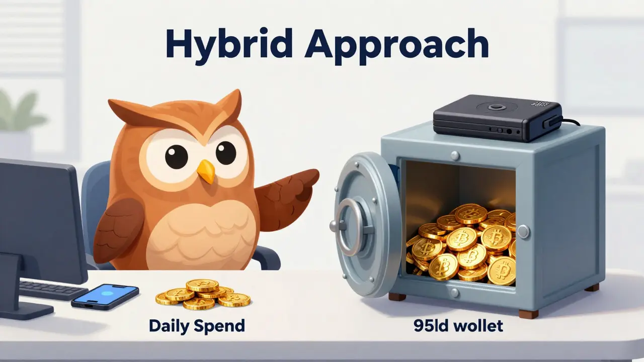 Wise owl illustrating the 95/5 hybrid strategy for hot and cold crypto storage