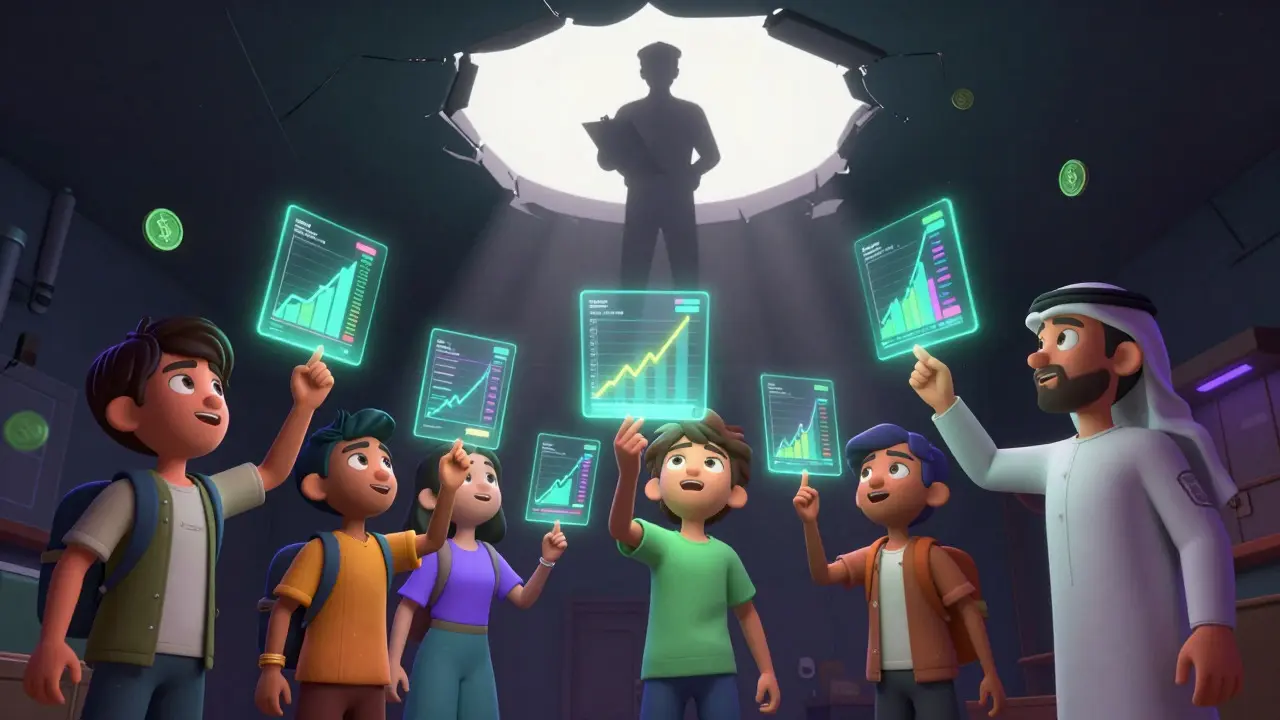 Young people viewing holographic crypto charts under the watchful shadow of a regulator