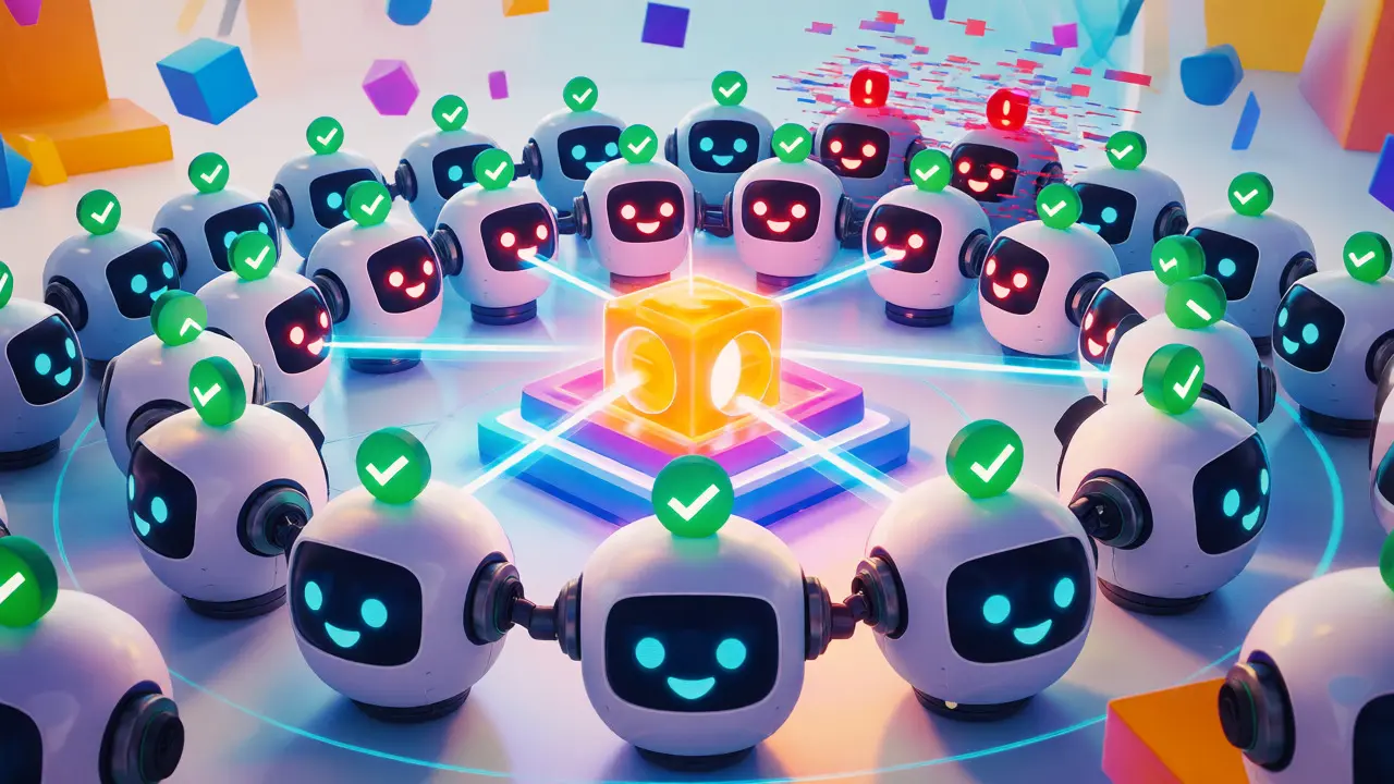 A circle of friendly robot nodes voting on a block, ignoring two glitchy faulty nodes in the background.