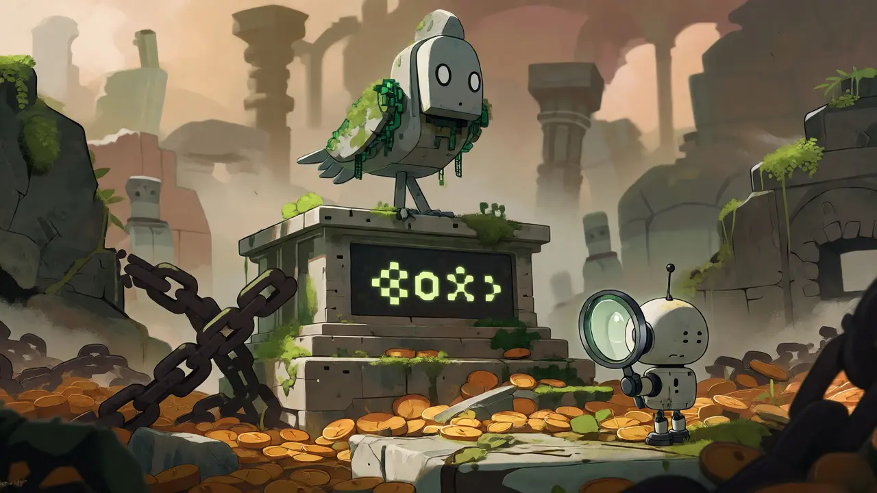 Abandoned digital temple with a robotic bird statue in a crypto graveyard setting.