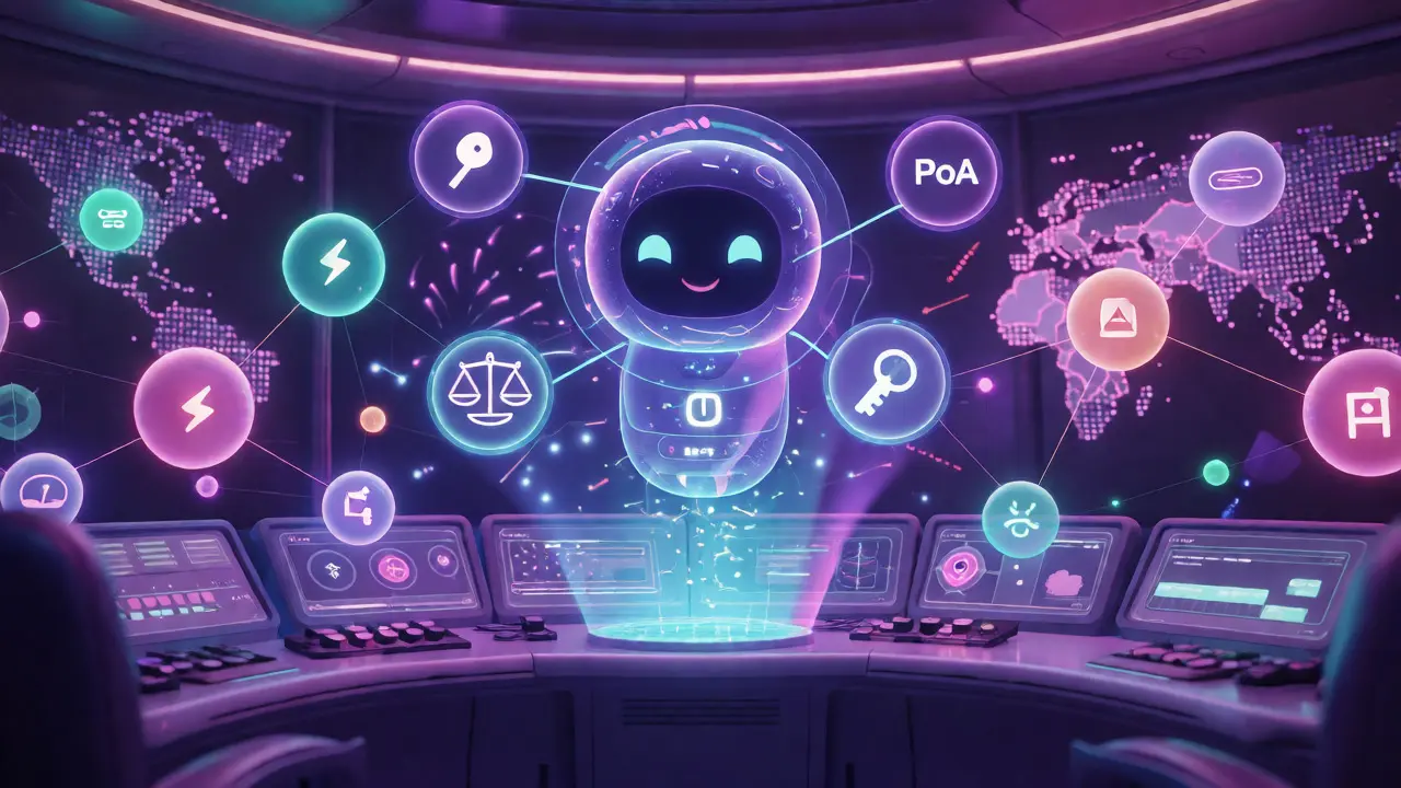 AI hologram managing dynamic consensus switching in a futuristic control room.