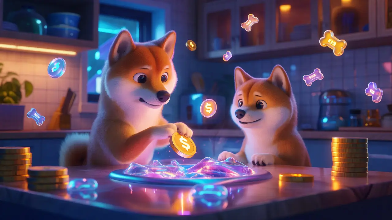 Animated dogs interacting with holographic tokens and liquidity pools in a tech kitchen.