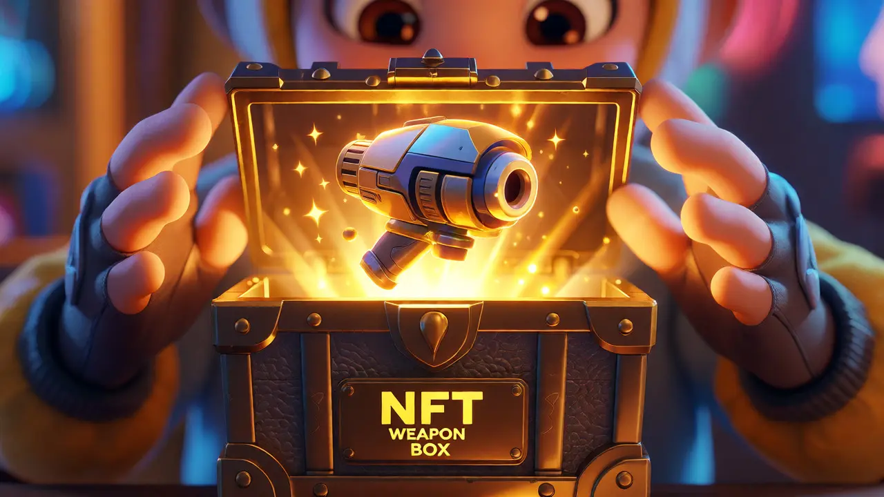 Animated hands opening a glowing NFT weapon box containing game upgrades
