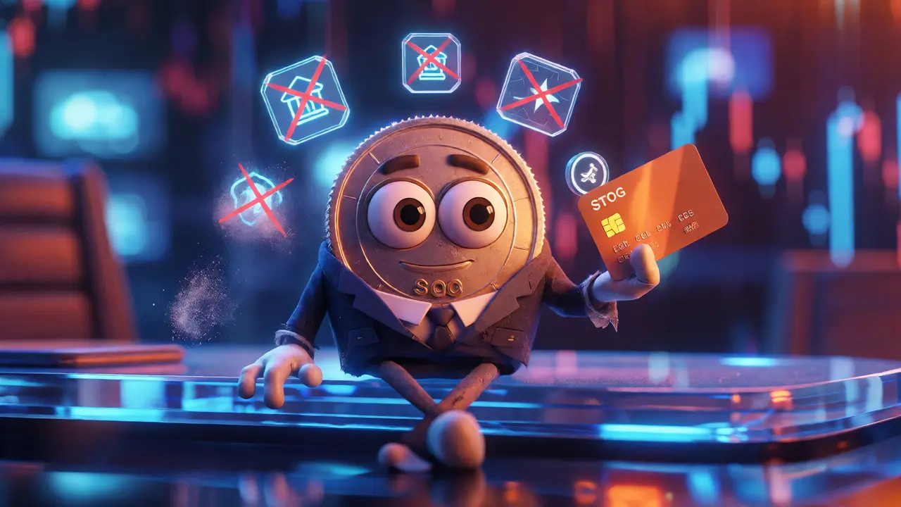 Anthropomorphic coin character in a suit holding a glowing debit card.